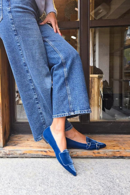 Patchwork Buckles Solid Color Velvet Pointed Toe Blue Flats