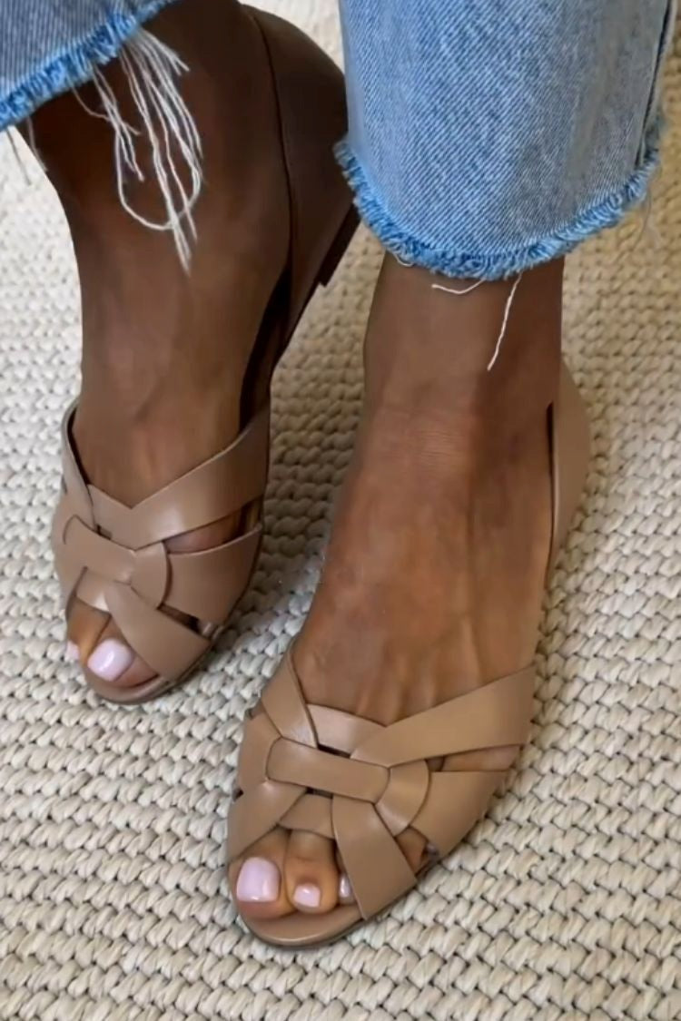Woven Crisscross Faux Leather Closed Back Peep Toe Flats