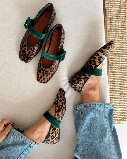 Retro Leopard Pattern Mary Jane Emerald Green Strap Flats