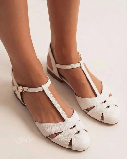 White T-Strap Cutout Round Toe Classic Mary Jane Flats