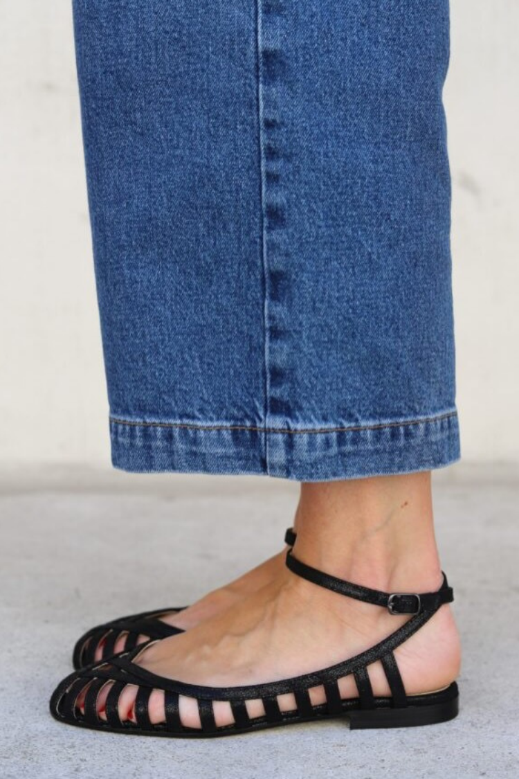Strappy Caged Peep Toe Ankle Strap Black Flats