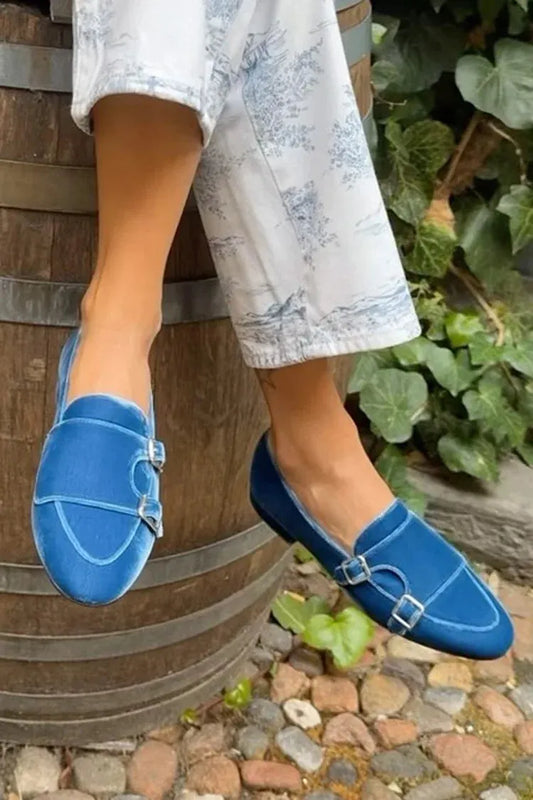 Velvet Round Toe Patchwork Solid Color Blue Flats
