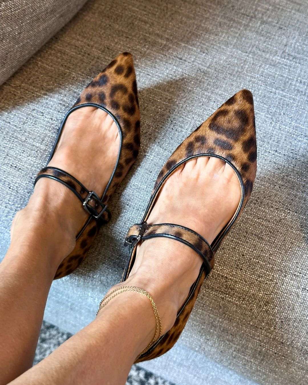 Leopard Print Ankle Buckle Pointed Toe Single Strap Ballet Flats