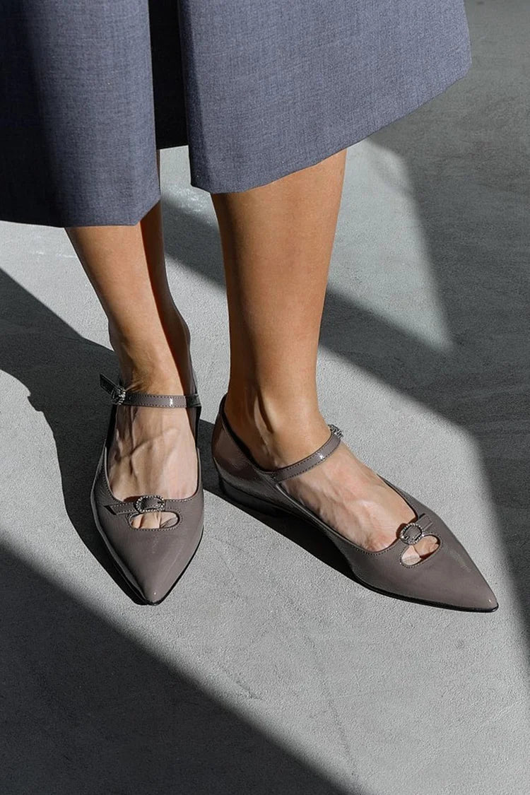 Cutout Instep Strap Buckle Pointed Toe Taupe Flats [Pre Order]