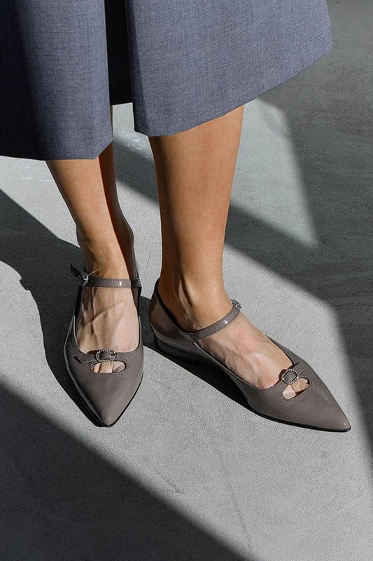 Cutout Instep Strap Buckle Pointed Toe Taupe Flats [Pre Order]