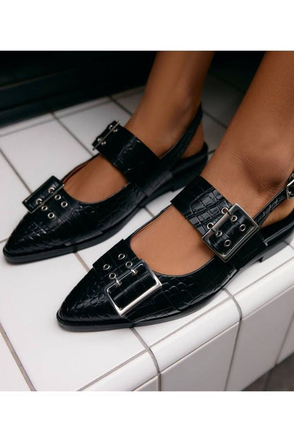 Vintage Croc-Embossed Leather Double-Buckle Pointy-Toe Slingback Flats