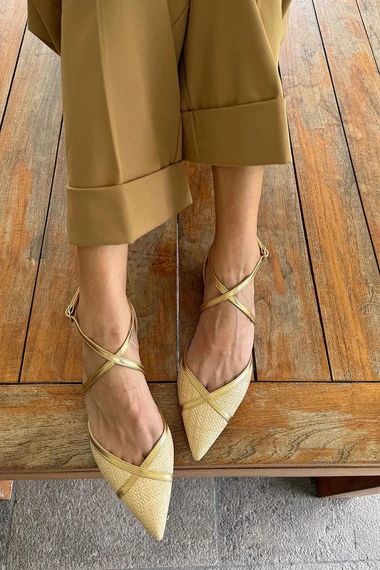 Patchwork Pointed Toe Cross Strap Buckle Yellow Flats