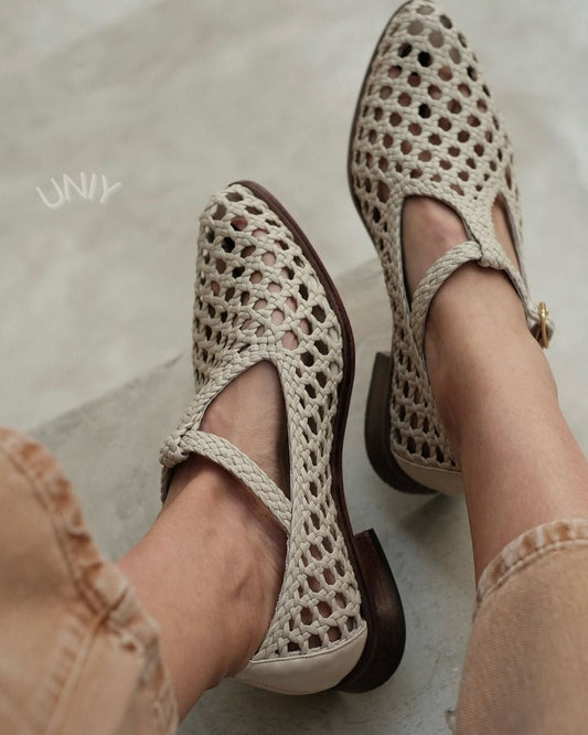 Chic Beige Woven Pointed Toe Versatile Mary Jane Flats
