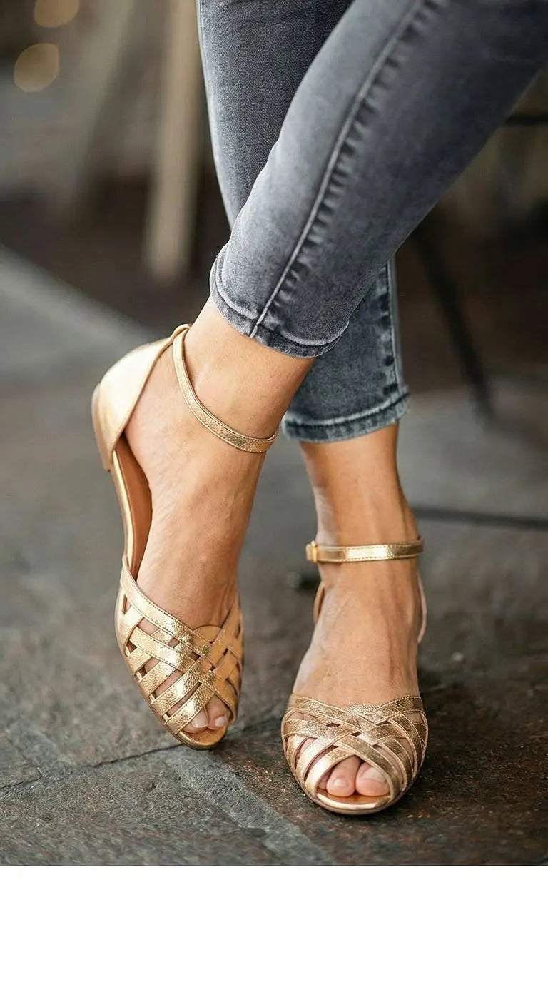 Metallic Woven Peep Toe Ankle Strap Gold Flats