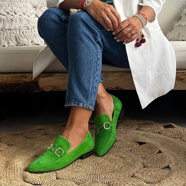 Luxury Metallic Buckle Pointy Toe Faux Suede Slip-on Flats