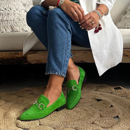 Luxury Metallic Buckle Pointy Toe Faux Suede Slip-on Flats