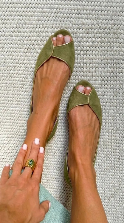 Suede Gold Trim Peep Toe D'Orsay Beige Flats