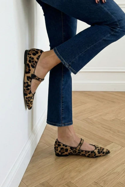 Vintage Leopard Print Calf Hair Pointed Mary Jane Flats
