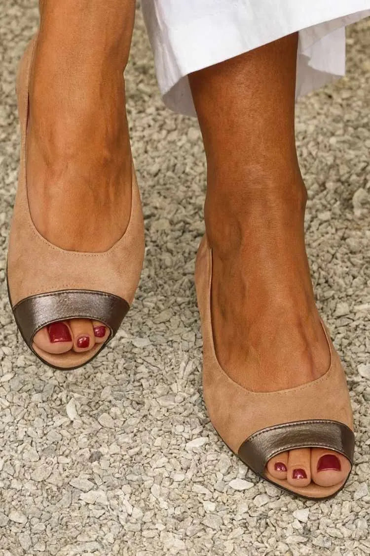 Suede Colorblock Metallic Cap-Toe Peep-Toe Flats