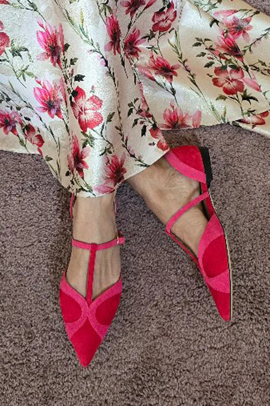 Patchwork T-Strap Buckle Pointed Toe Red Flats