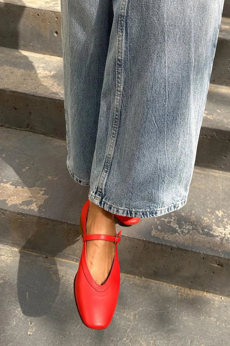 Solid Color Instep Strap Buckle Square Toe Red Flats