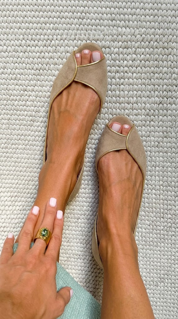 Suede Gold Trim Peep Toe D'Orsay Beige Flats