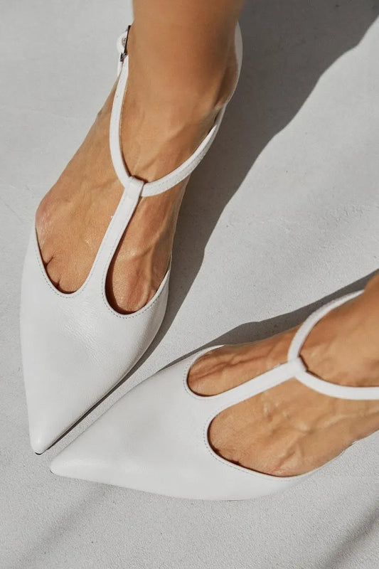 White Leather Pointed Toe T-Strap Slingback Flats