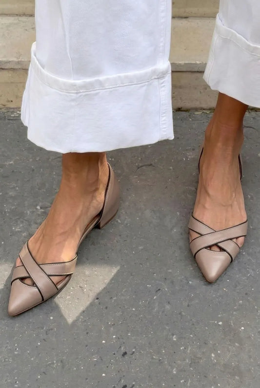 Crisscross Pointed Toe Low Block Heel Flats