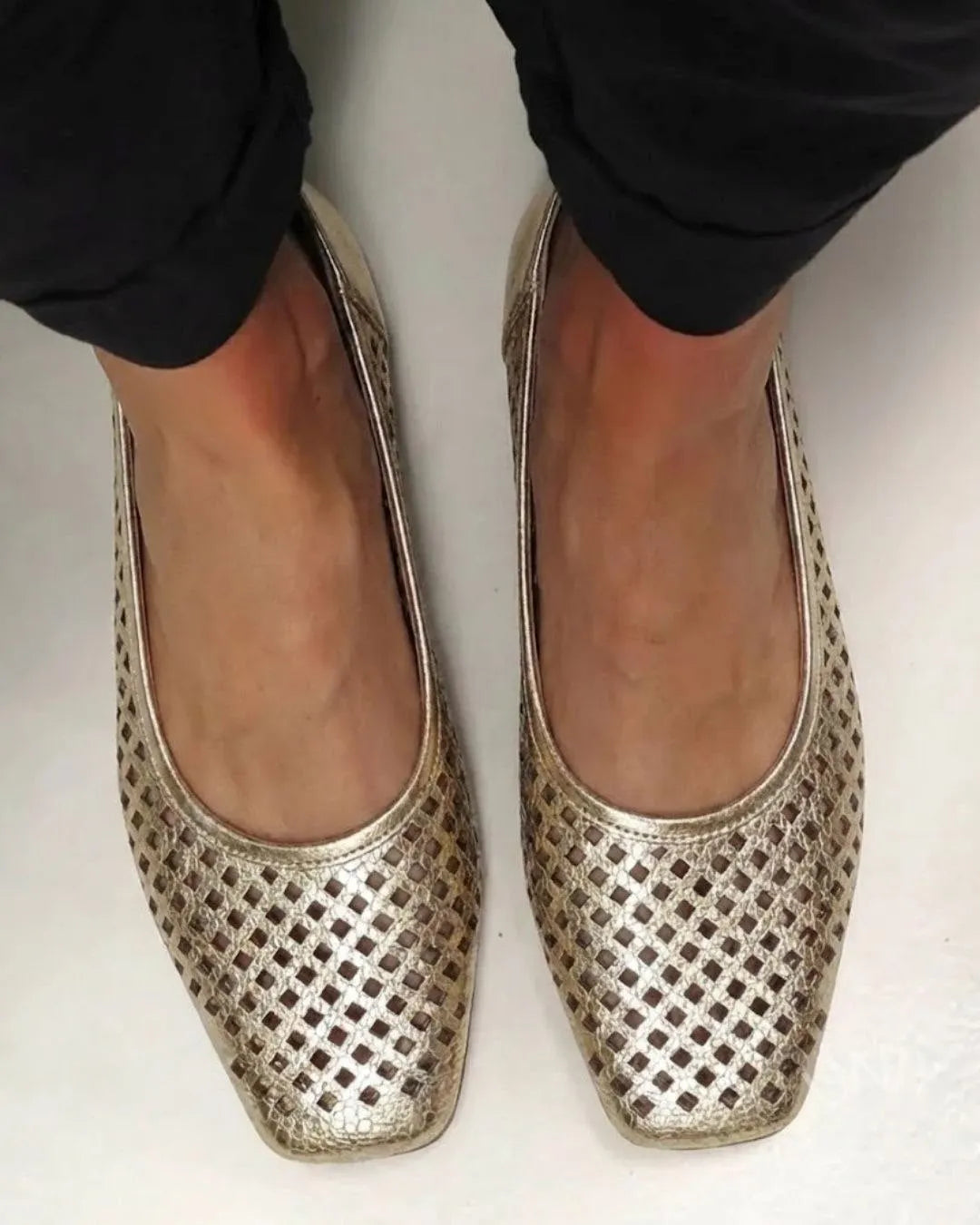 Gold Metallic Square Toe Lattice Cutout Ballet Flats