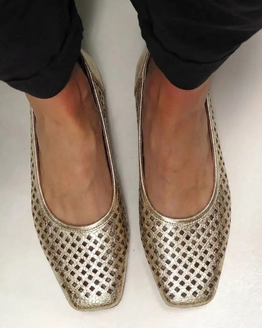 Gold Metallic Square Toe Lattice Cutout Ballet Flats
