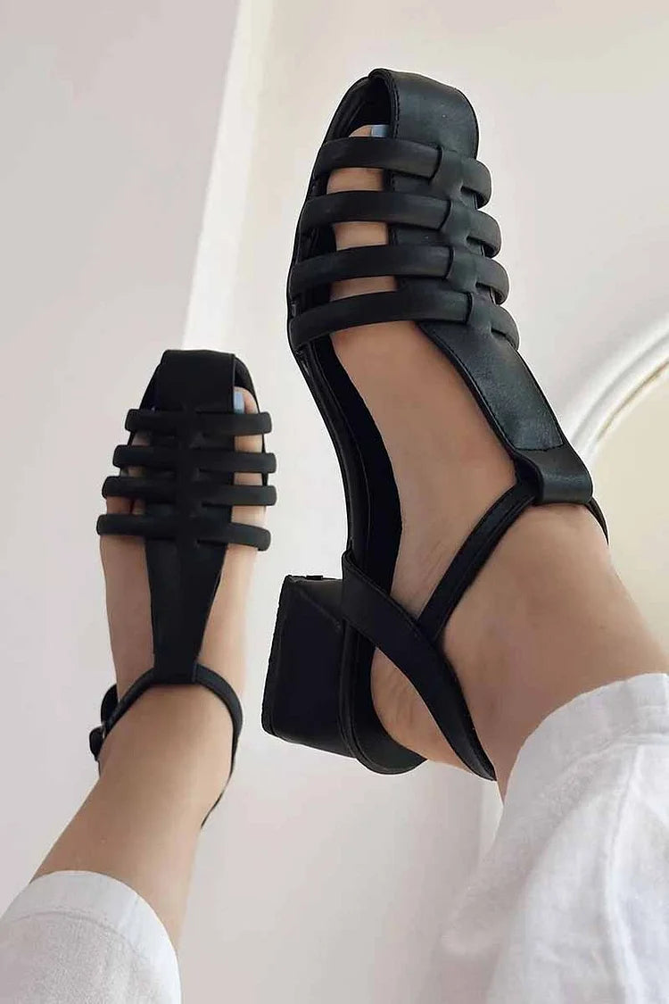 Polished Square Toe Solid Color Hollow Out Black Flats