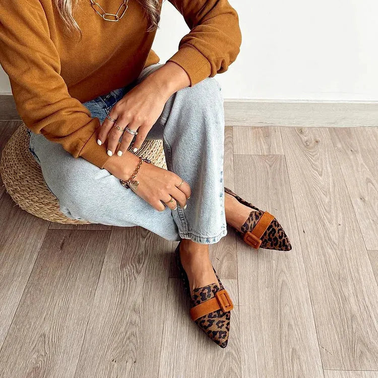 Leopard Print Strap Buckle Decor Pointed Toe Brown Flats