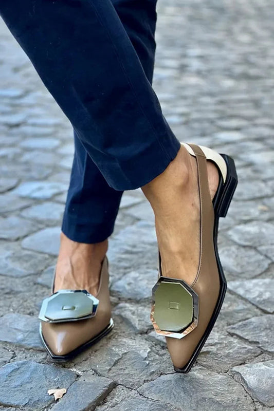 Geometric Decor Colorblock Pointed Toe Brown Flats
