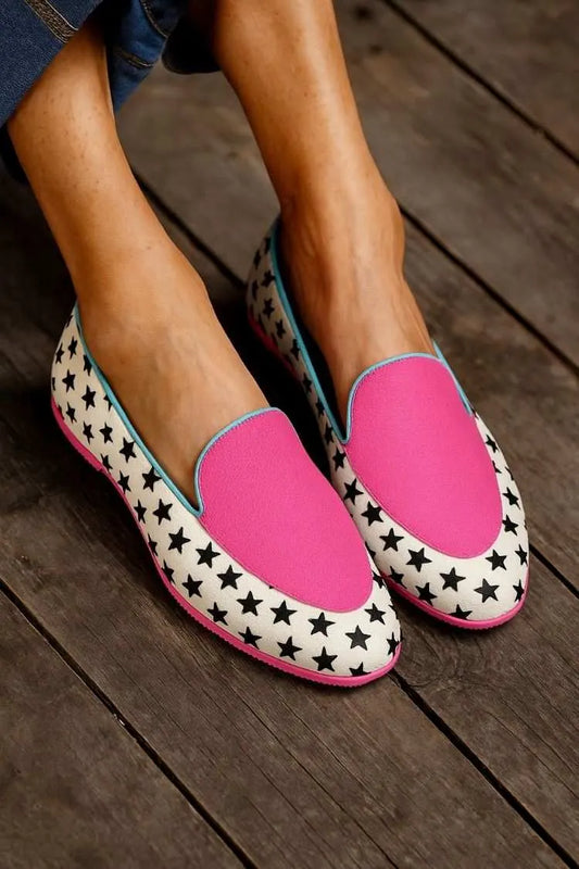 Pink Colorblock Star Print Pointy Flats