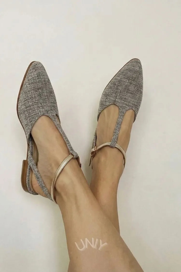 Grey Tweed Pointed Toe T-Strap Ankle Buckle Flats