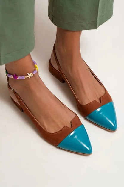 Colorblock Cut Out Buckle Slingback Strap Pointy Toe Flats