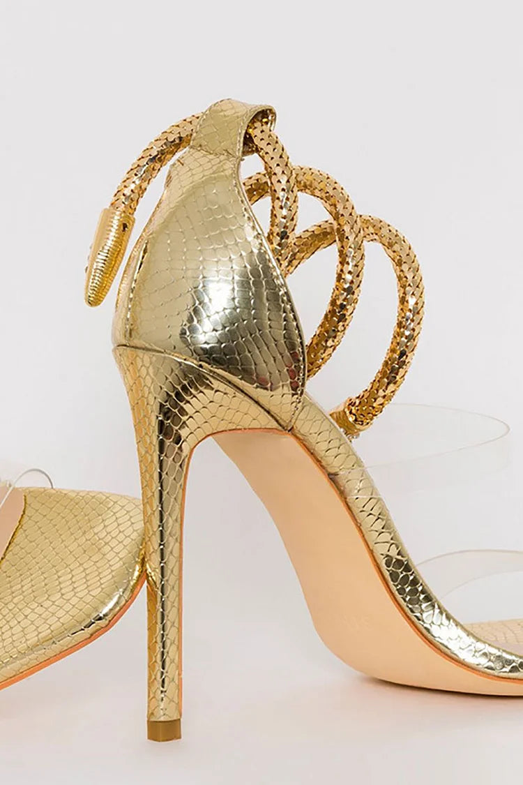 Light Gold Snake Ankle Transparent Strap Stiletto Sandals