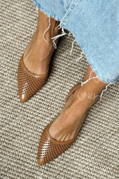 Chic Brown PU Leather Laser Cut Pointed Toe Flats