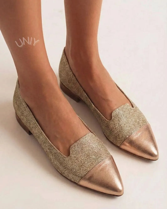 Champagne Gold Sparkly Pointed Toe Cap Toe Ballet Flats