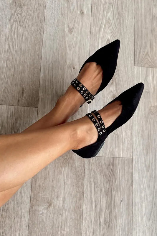 Metal Eyelets Two Strap Buckle Pointed Toe Black Flats