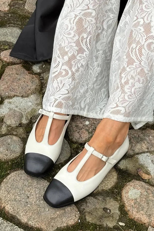 Colorblock T-Strap Buckle Square Toe White Flats