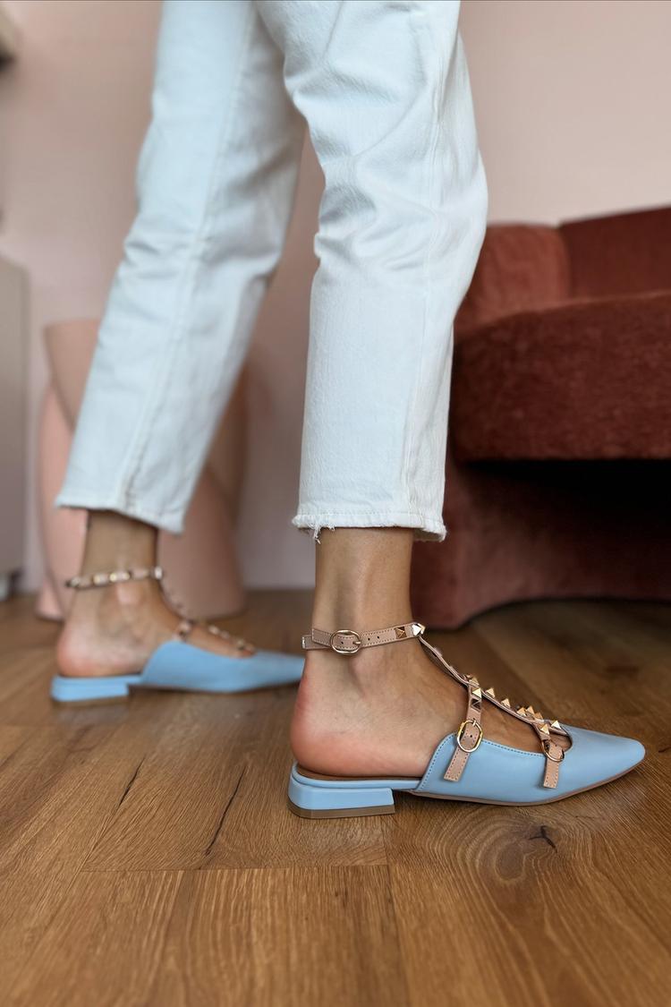 Metal Rivets Cross Strap Buckle Pointed Toe Slingback Blue Flats
