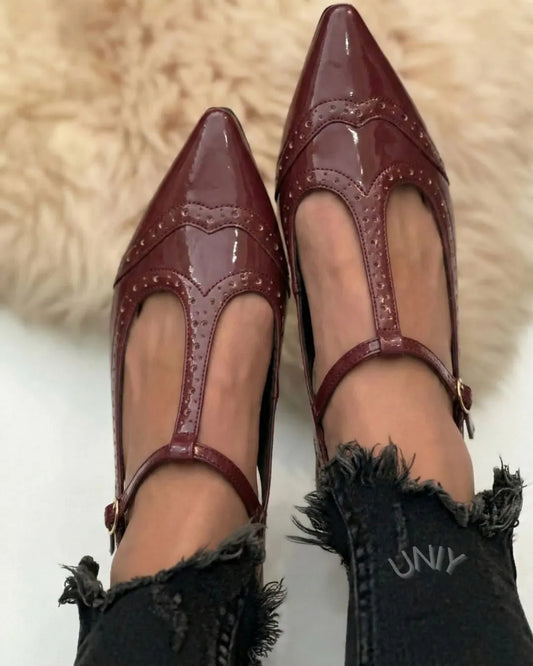 Burgundy Patent Leather Pointed Toe Brogue T-Strap Flats