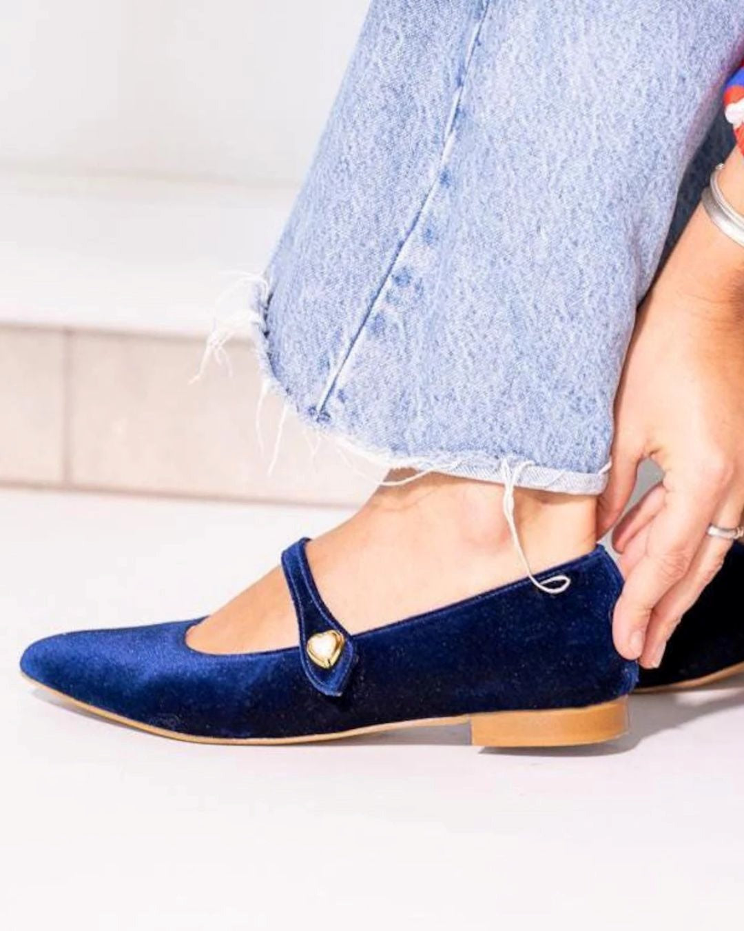 Elegant Blue Velvet Pointed Toe Heart Detail Mary Jane Flats