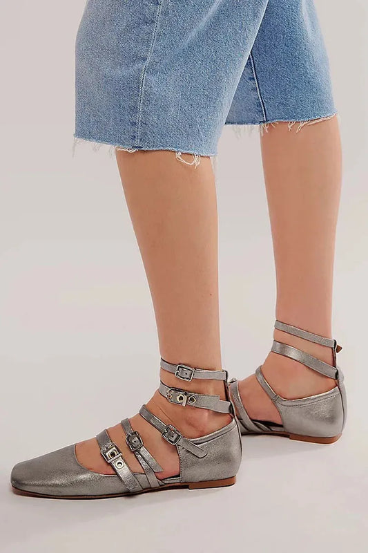 Tailored Multi Straps Buckles Square Toe Metallic Sheen Silver Flats