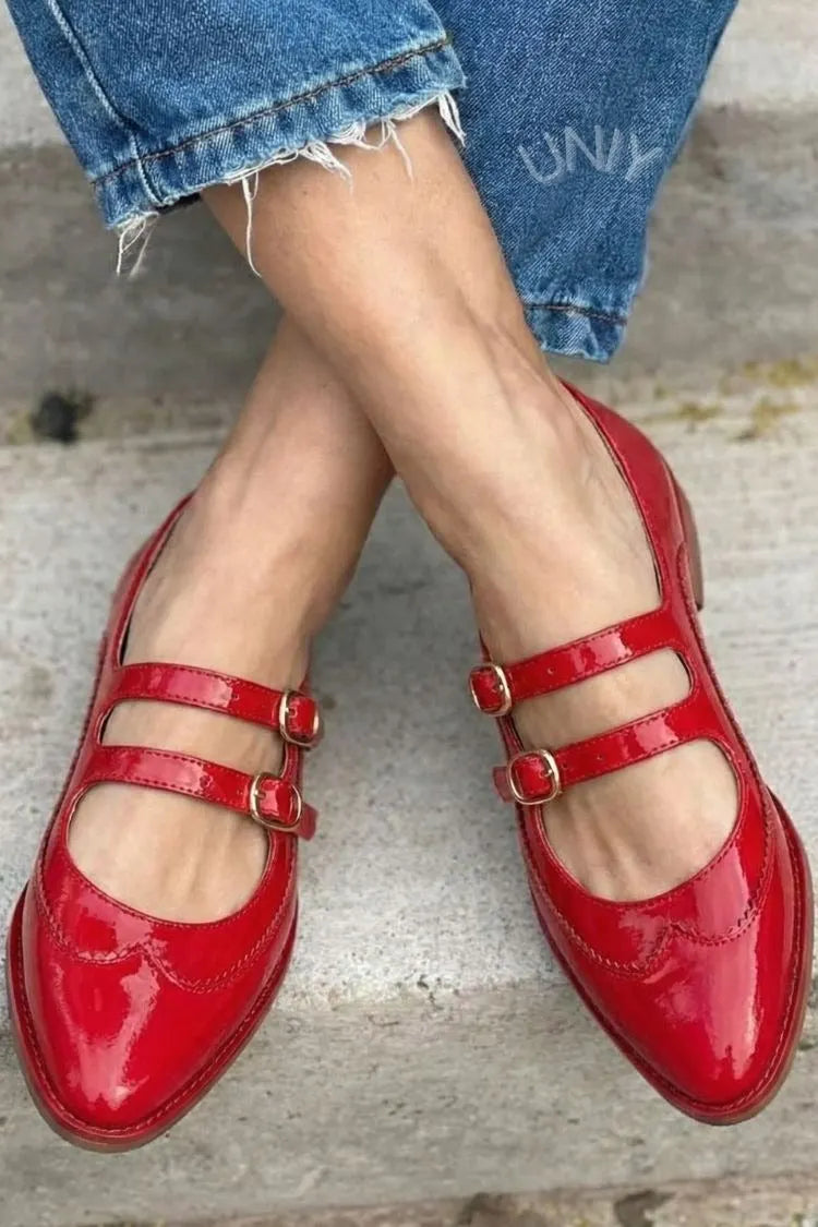 Chic Glossy Red Double Buckle Pointed Toe Mary Jane Flats