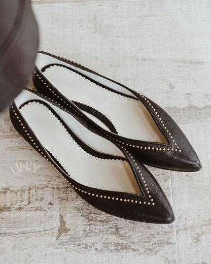 Black Versatile V-Cut Studded Pointed Toe Slip-On Flats