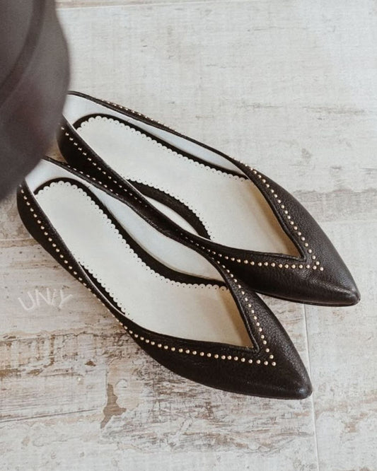 Black Versatile V-Cut Studded Pointed Toe Slip-On Flats