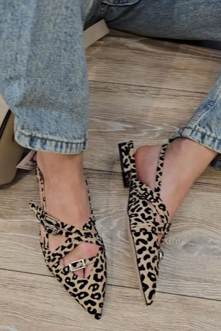 Leopard Print Crisscross Straps Pointy Toe Slingback Khaki Flats