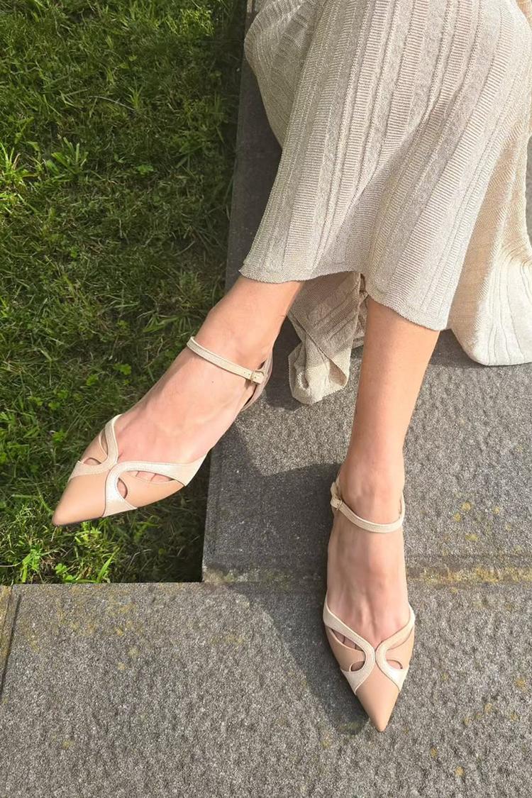 Ankle Strap Buckle Colorblock Cutout Pointed Toe Beige Flats