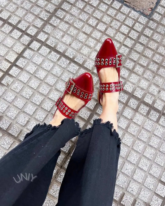 Burgundy Studded Double Strap Pointed Toe Mary Jane Flats