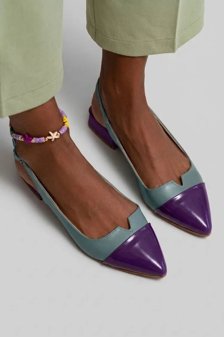 Colorblock Cut Out Buckle Slingback Strap Pointy Toe Flats