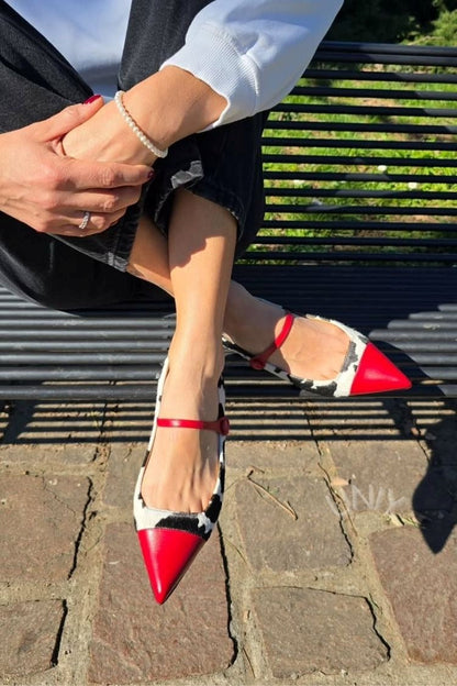 Red Color Block Pointed Toe Mary Jane Flats