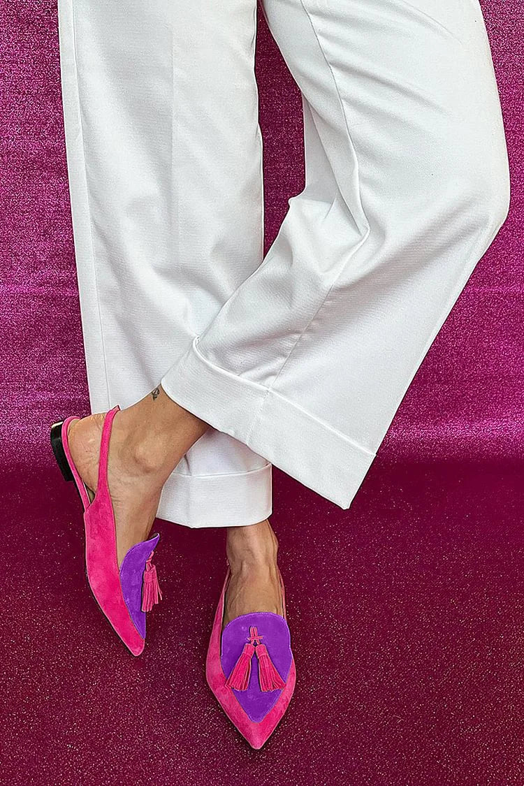Charming Colorblock Tassels Decor Ankle Straps Pointy Toe Flats