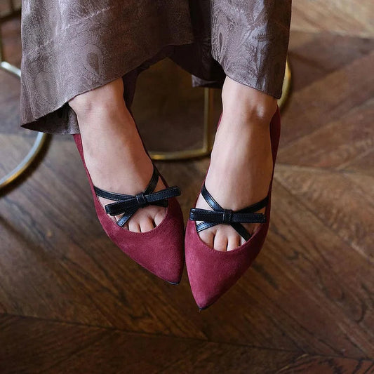 Colorblock Bow Decor Pointed Toe Burgundy Flats